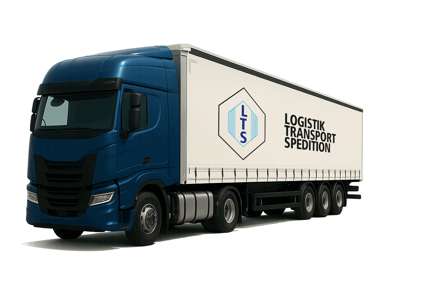 Blauer LKW mit weißem Auflieger, auf dem das Logo und der Schriftzug „LTS Logistik Transport Spedition“ zu sehen sind.