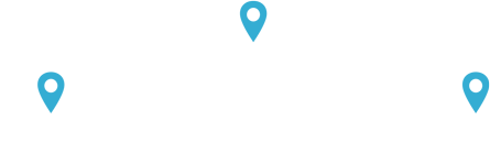 Drei blaue Standort-Pins auf transparentem Hintergrund, gleichmäßig verteilt.