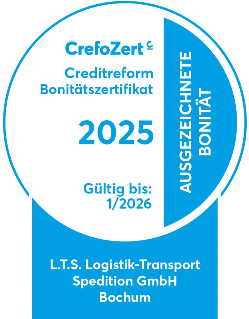 CrefoZert Bonitätszertifikat 2025 – Ausgezeichnete Bonität, gültig bis Januar 2026, ausgestellt für L.T.S. Logistik-Transport Spedition GmbH Bochum durch Creditreform.