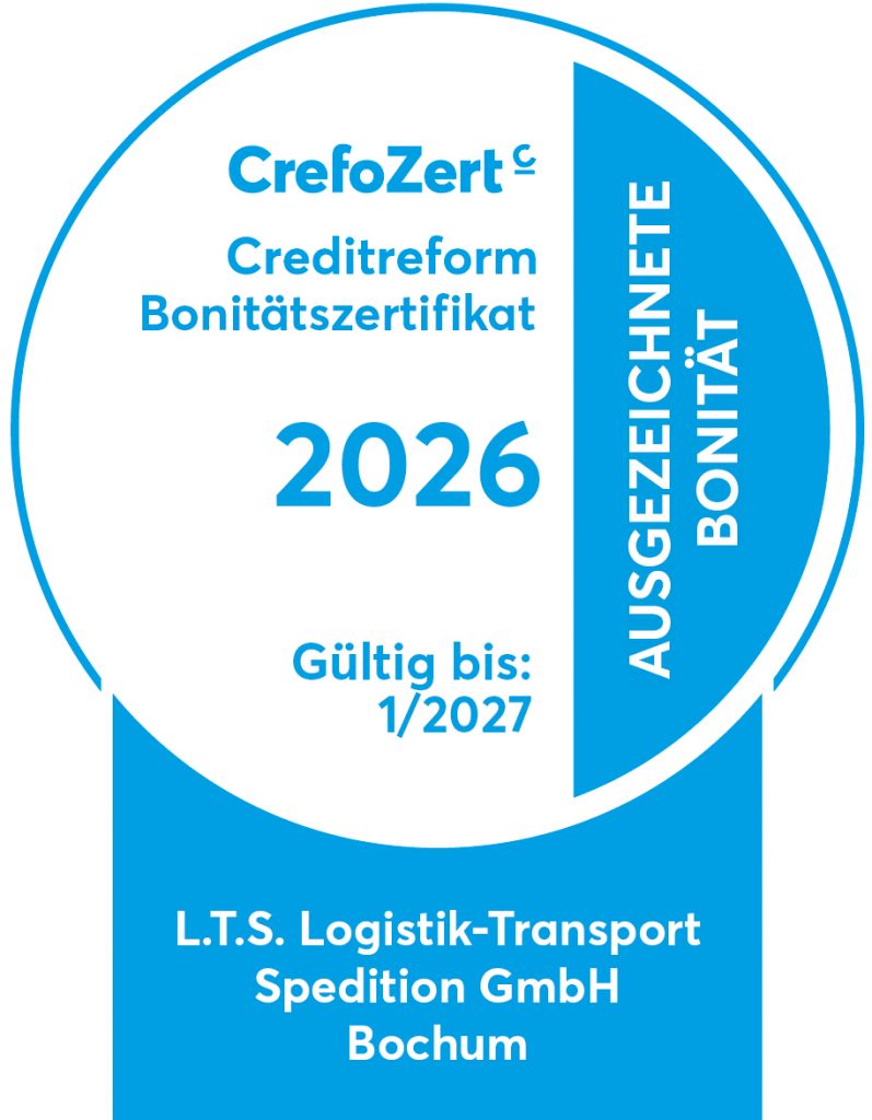 CrefoZert Bonitätszertifikat 2026 – Ausgezeichnete Bonität, gültig bis Januar 2027, ausgestellt für L.T.S. Logistik-Transport Spedition GmbH Bochum durch Creditreform.